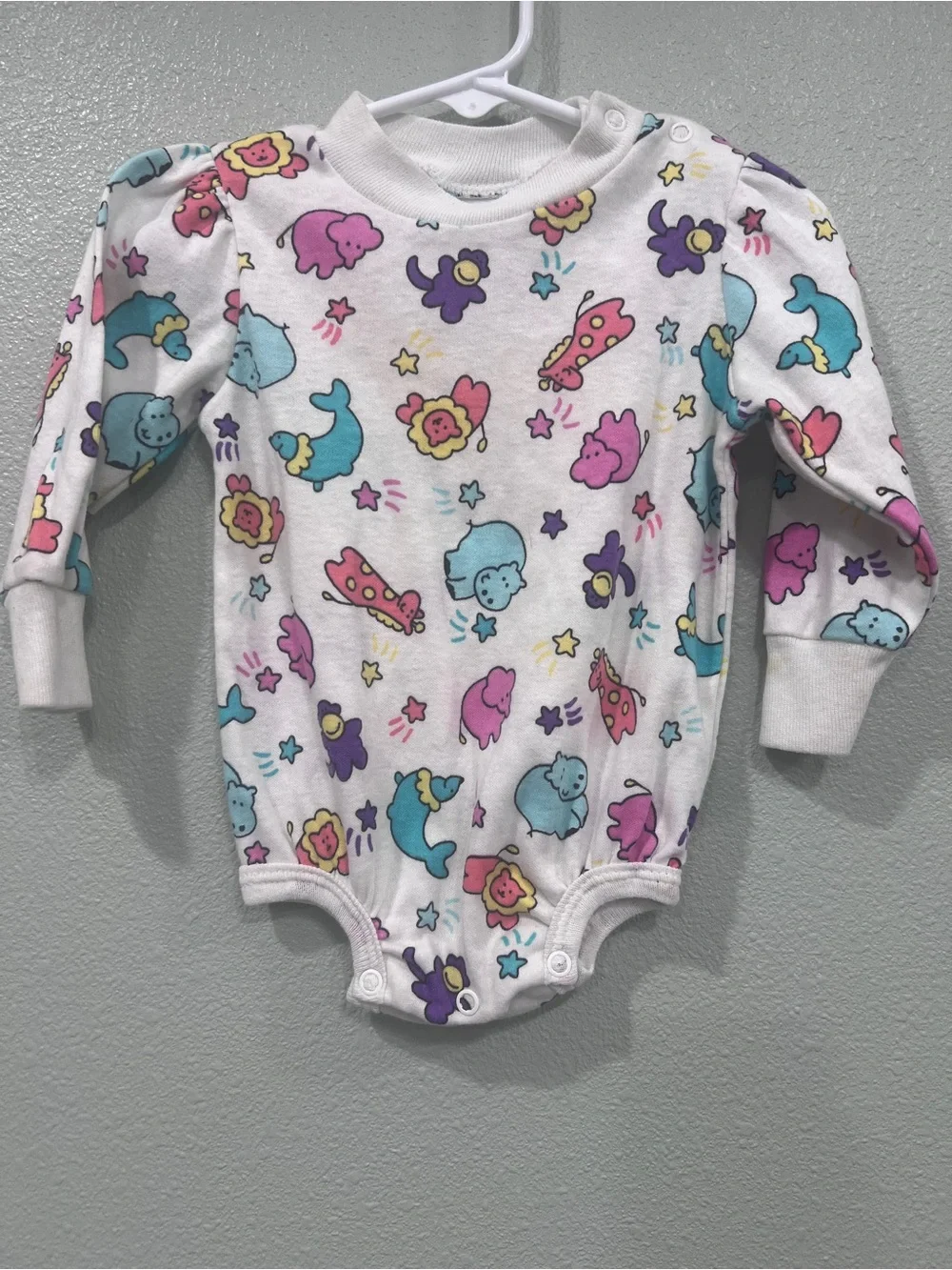 Vintage Fisher Price Kidswear Baby Bodysuit Animal Print Puff Sleeve